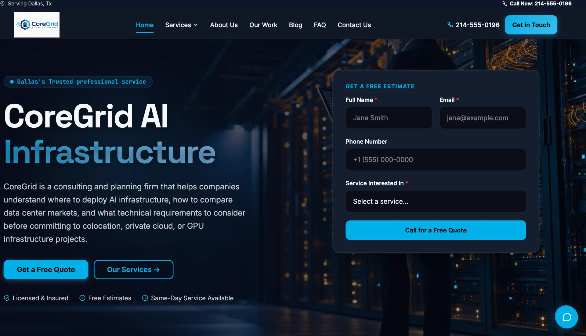 CoreGrid AI Infrastructure homepage with hero and quote form