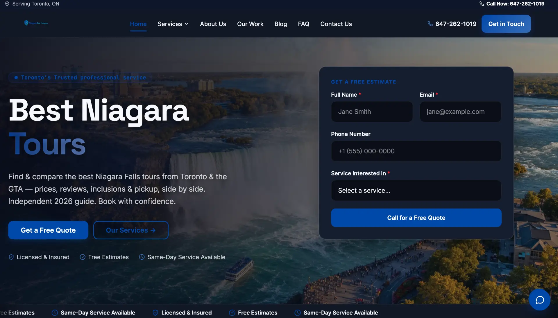 Best Niagara Tours homepage with hero and quote form
